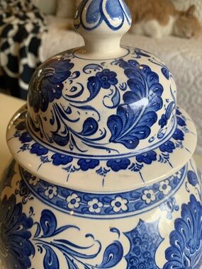 Blue and White Floral Ceramic Ginger Jar with Lid